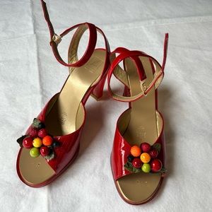 Charles Jourdan Red Patent Leather Heels with fruit adornment